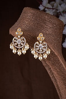 Gold Finish Moissanite Polki Chandbali Earrings In Sterling Silver