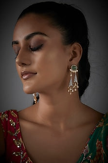 Gold Finish Moissanite Polki & Green Synthetic Stone Dangler Earrings In Sterling Silver