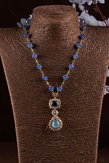 Gold Finish Moissanite Polki & Synthetic Blue Stone Necklace In Sterling Silver