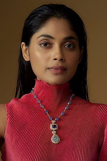 Gold Finish Moissanite Polki & Synthetic Blue Stone Necklace In Sterling Silver