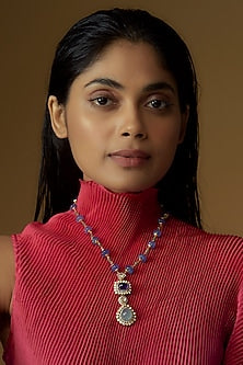 Gold Finish Moissanite Polki & Synthetic Blue Stone Necklace In Sterling Silver