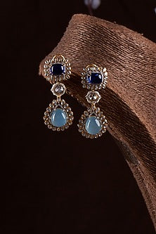 Gold Finish Moissanite Polki & Synthetic Blue Stone Dangler Earrings In Sterling Silver