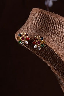 Gold Finish Moissanite Polki & Multi-Colored Stone Stud Earrings In Sterling Silver