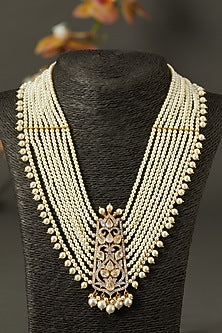 Gold Finish Layered Long Necklace With Pearls In Sterling Silver
