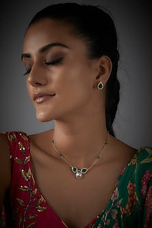 Gold Finish Moissanite Polki & Green Synthetic Stone Necklace Set In Sterling Silver