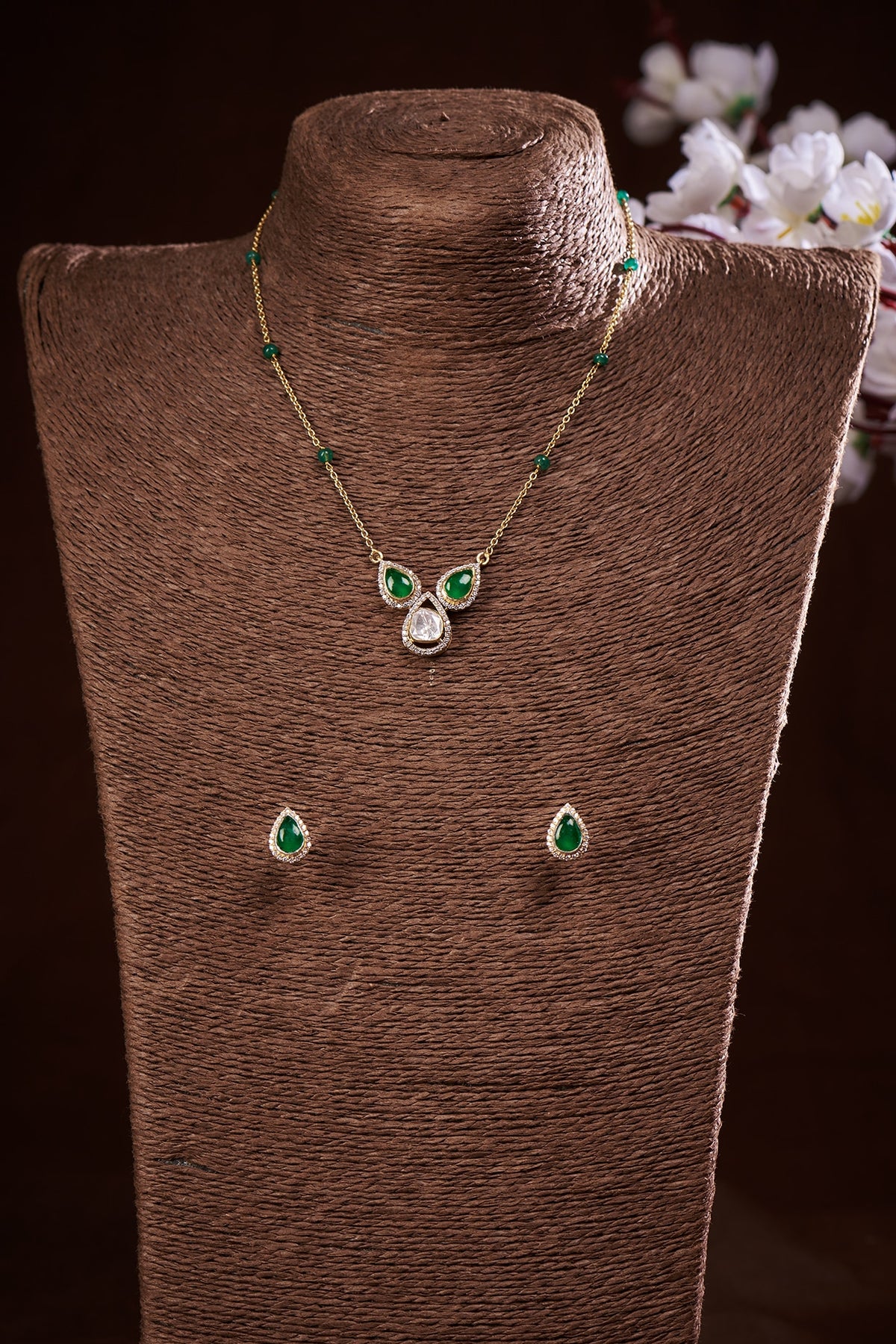 Gold Finish Moissanite Polki & Green Synthetic Stone Necklace Set In Sterling Silver