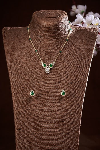 Gold Finish Moissanite Polki & Green Synthetic Stone Necklace Set In Sterling Silver