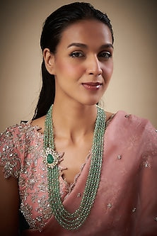Gold Finish Moissanite Polki & Green Stone Long Mala In Sterling Silver