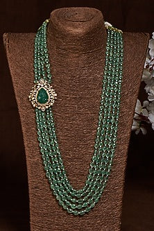 Gold Finish Moissanite Polki & Green Stone Long Mala In Sterling Silver