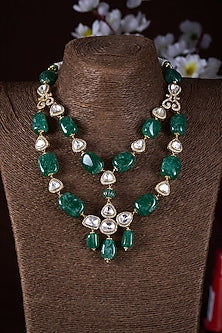 Gold Finish Moissanite Polki & Green Stone Layered Necklace In Sterling Silver