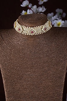 Gold Finish Moissanite Polki & Ruby Stone Choker Necklace In Sterling Silver