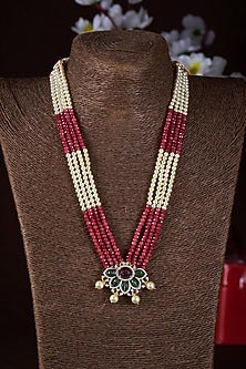 Gold Finish Moissanite Polki & Ruby Stone Long Necklace In Sterling Silver