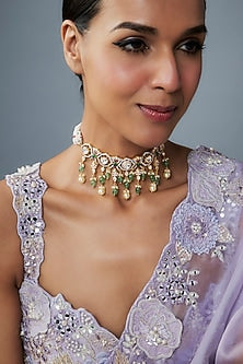 Gold Finish Moissanite Polki & Green Stone Choker Necklace In Sterling Silver