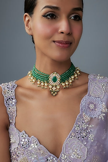 Gold Finish Moissanite Polki & Green Stone Choker Necklace In Sterling Silver