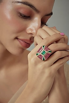 Gold Finish Moissanite Polki & Multi-Colored Ring In Sterling Silver