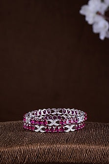 Gold Finish Moissanite Polki & Red Stone Bangles In Sterling Silver (Set Of 2)