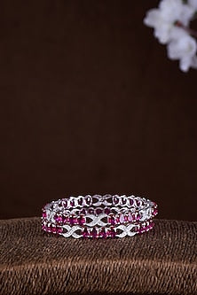 Gold Finish Moissanite Polki & Red Stone Bangles In Sterling Silver (Set Of 2)