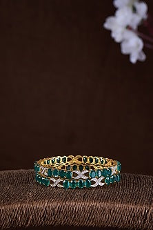 Gold Finish Moissanite Polki & Green Stone Bangles In Sterling Silver (Set Of 2)