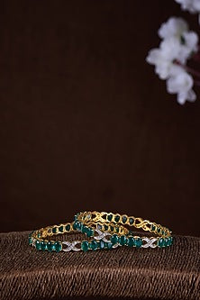 Gold Finish Moissanite Polki & Green Stone Bangles In Sterling Silver (Set Of 2)