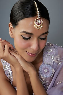 Gold Finish Moissanite Polki & Red Stone Maangtikka In Sterling Silver