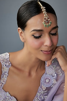 Gold Finish Moissanite Polki & Multi-Colored Stone Maangtikka In Sterling Silver