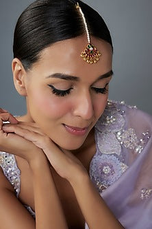 Gold Finish Moissanite Polki & Multi-Colored Stone Maangtikka In Sterling Silver