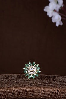 Gold Finish Moissanite Polki & Emerald Stone Ring In Sterling Silver