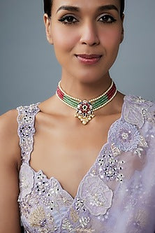 Gold Finish Moissanite Polki & Multi-Colored Stone Choker Necklace In Sterling Silver