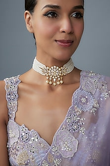 Gold Finish Moissanite Polki Choker Necklace In Sterling Silver