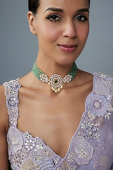 Gold Finish Moissanite Polki & Emerald Green Stone Choker Necklace In Sterling Silver