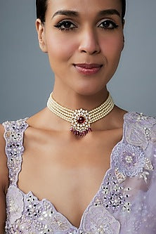 Gold Finish Moissanite Polki & Red Stone Choker Necklace In Sterling Silver