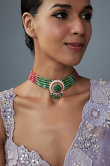 Gold Finish Moissanite Polki & Multi-Colored Stone Choker Necklace In Sterling Silver