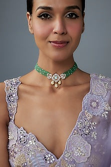 Gold Finish Moissanite Polki & Green Stone Choker Necklace In Sterling Silver