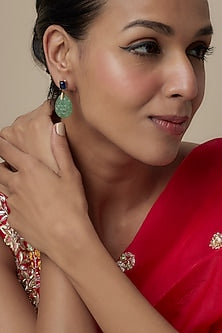 Gold Finish Moissanite Polki & Green Stone Dangler Earrings In Sterling Silver