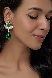 Gold Finish Moissanite Polki & Green Stone Dangler Earrings In Sterling Silver