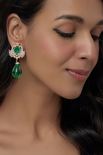 Gold Finish Moissanite Polki & Green Stone Dangler Earrings In Sterling Silver