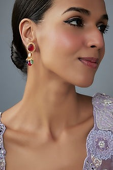 Gold Finish Moissanite Polki & Multi-Colored Stone Dangler Earrings In Sterling Silver
