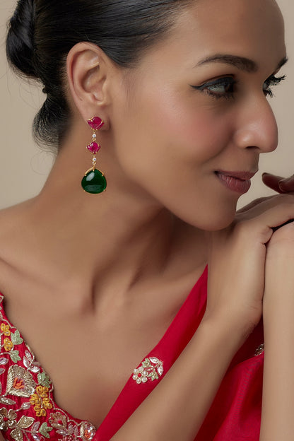 Gold Finish Moissanite Polki & Multi-Colored Stone Dangler Earrings In Sterling Silver