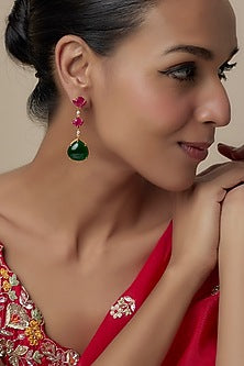 Gold Finish Moissanite Polki & Multi-Colored Stone Dangler Earrings In Sterling Silver