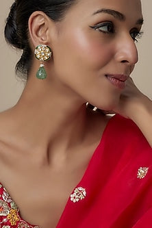 Gold Finish Moissanite Polki & Green Stone Dangler Earrings In Sterling Silver