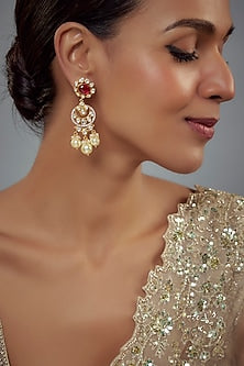 Gold Finish Moissanite Polki & Red Stone Dangler Earrings In Sterling Silver