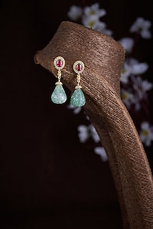 Gold Finish Moissanite Polki & Multi-Colored Stone Dangler Earrings In Sterling Silver