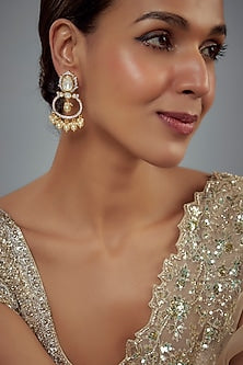 Gold Finish Moissanite Polki & Pearl Chandbali Earrings