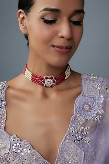 Gold Finish Moissanite Polki & Red Stone Choker Necklace In Sterling Silver