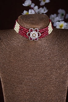 Gold Finish Moissanite Polki & Red Stone Choker Necklace In Sterling Silver