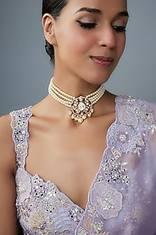 Gold Finish Moissanite Polki & Red Stone Choker Necklace In Sterling Silver