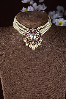 Gold Finish Moissanite Polki & Red Stone Choker Necklace In Sterling Silver