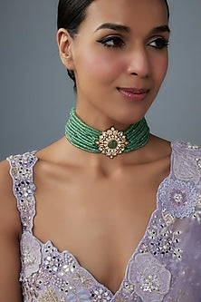 Gold Finish Moissanite Polki & Green Stone Choker Necklace In Sterling Silver