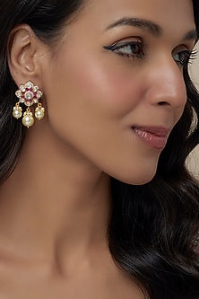 Gold Finish Moissanite Polki & Red Stone Dangler Earrings In Sterling Silver