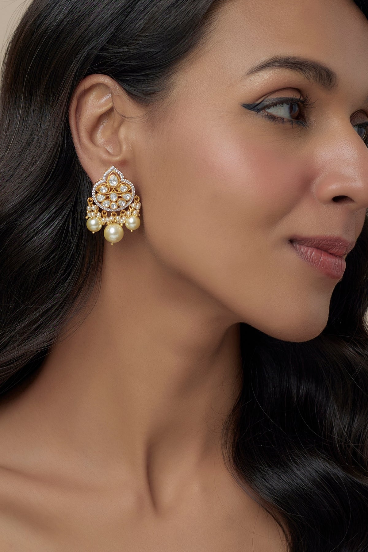 Gold Finish Moissanite Polki & Pearl Dangler Earrings In Sterling Silver